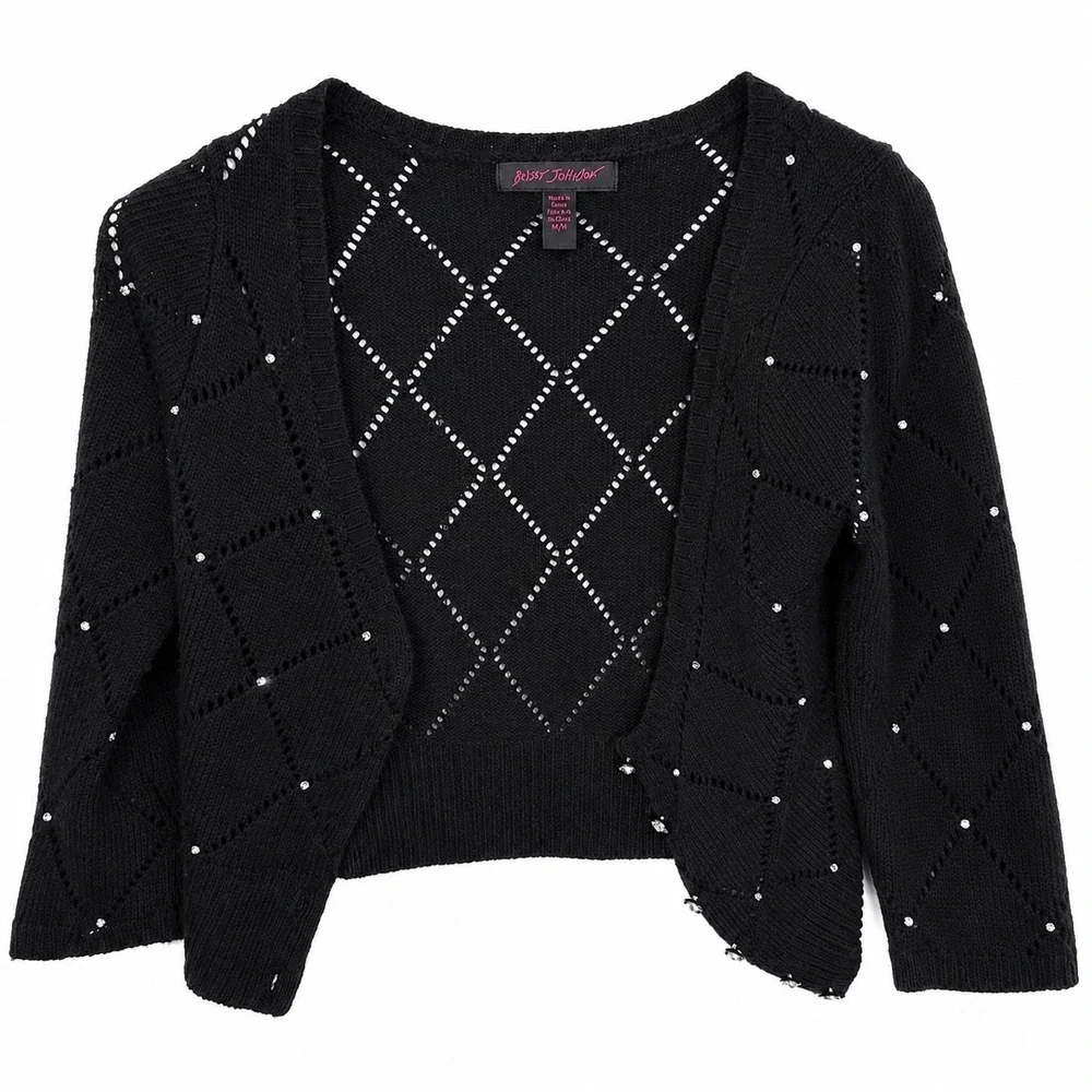 Betsey Johnson Black Cropped Cardigan M Rhinestone Argyle Knit 3/4 Sleeve Y2K - Picture 4 of 4